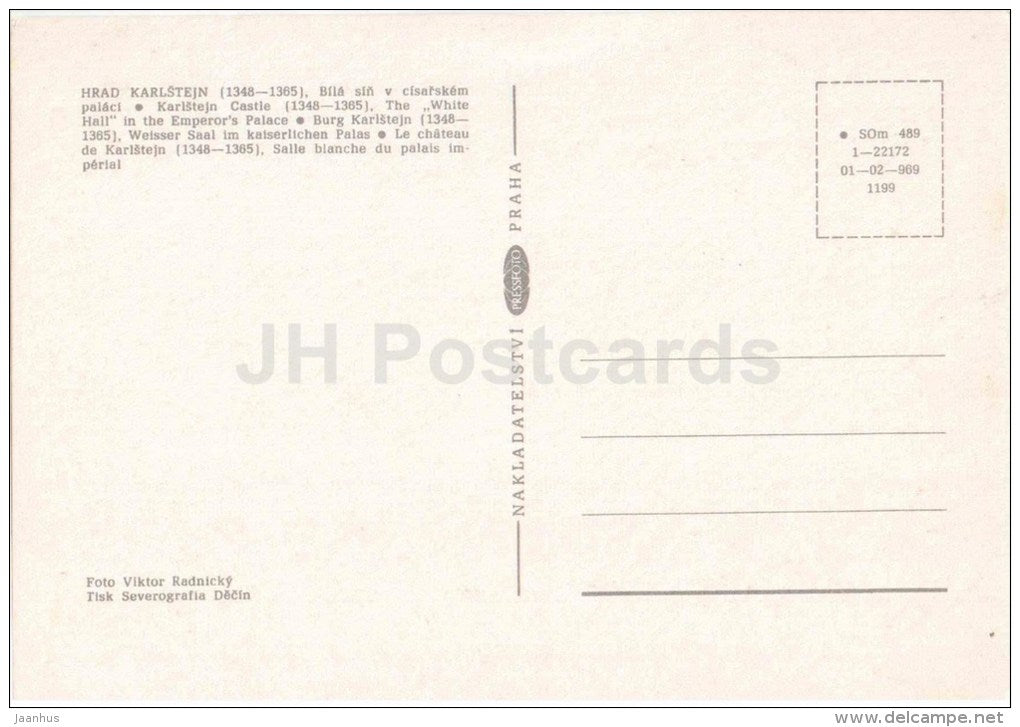 Karlstejn Castle - The White Hall in the Emperor´s Palace - Czechoslovakia - Czech - unused - JH Postcards
