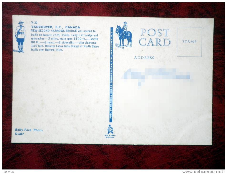 New Second Narrows Bridge - car - Vancouver - British Columbia - Canada - used - JH Postcards