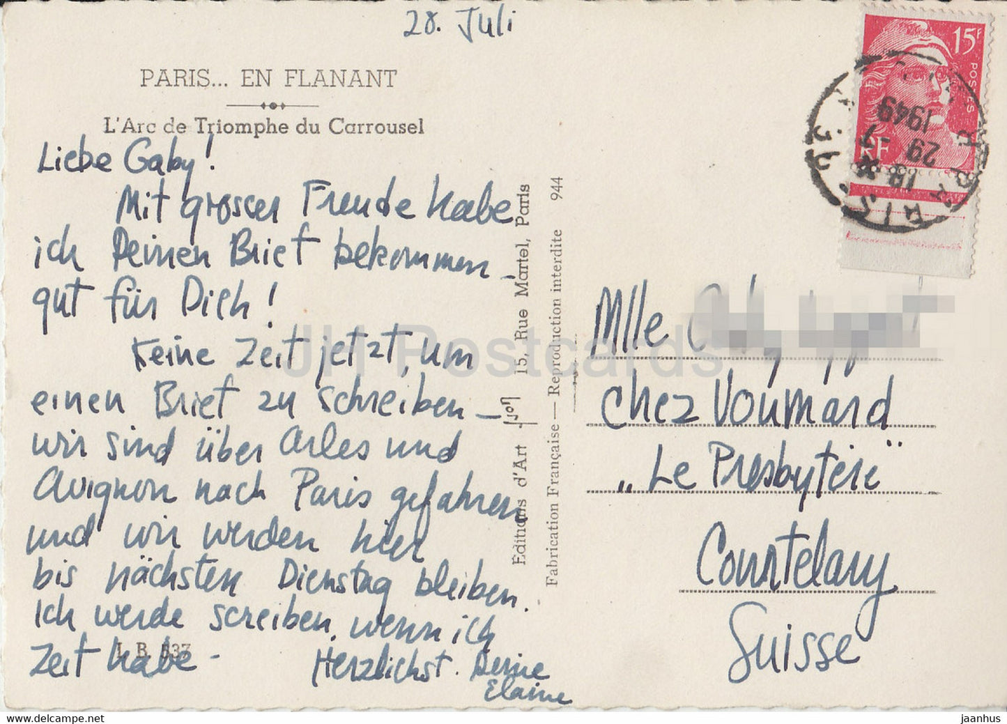 Paris en Flanant - L'Arc de Triomphe du Carrousel - carte postale ancienne - 1949 - France - occasion