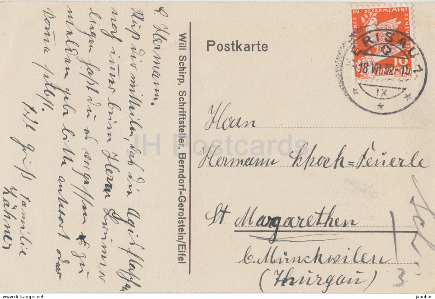 Ziele - Will Schirp - paroles - carte postale ancienne - Suisse - 1932 - utilisé