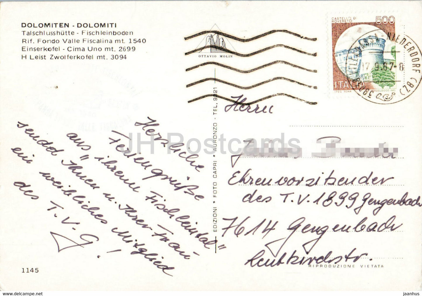 Dolomiti - Talschlusshutte - Fischleinboden - Rif Fondo Valle Fiscalina - Einsekofel - 1987 - Italy - used