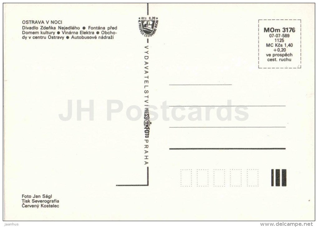 Ostrava in the Night - Zdenak Nejedleho theatre - fountain - House of Culture - Czechoslovakia - Czech - unused - JH Postcards