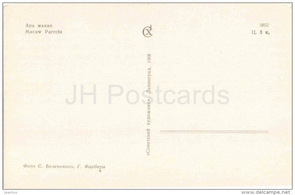 Macaw Parrot - Leningrad Zoo - 1968 - Russia USSR - unused - JH Postcards