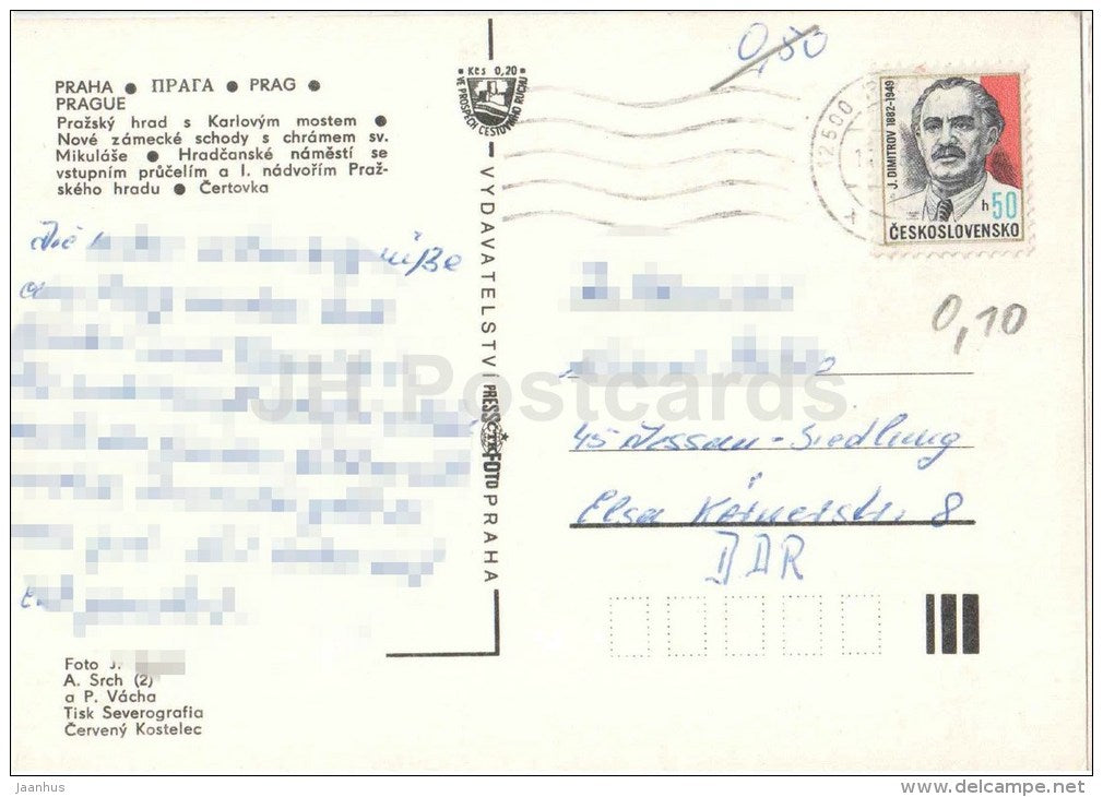 Praha - Prague - Prague Castle - Charles Bridge - St. Nicholas church - Certovka - Czechoslovakia - Czech - used - JH Postcards