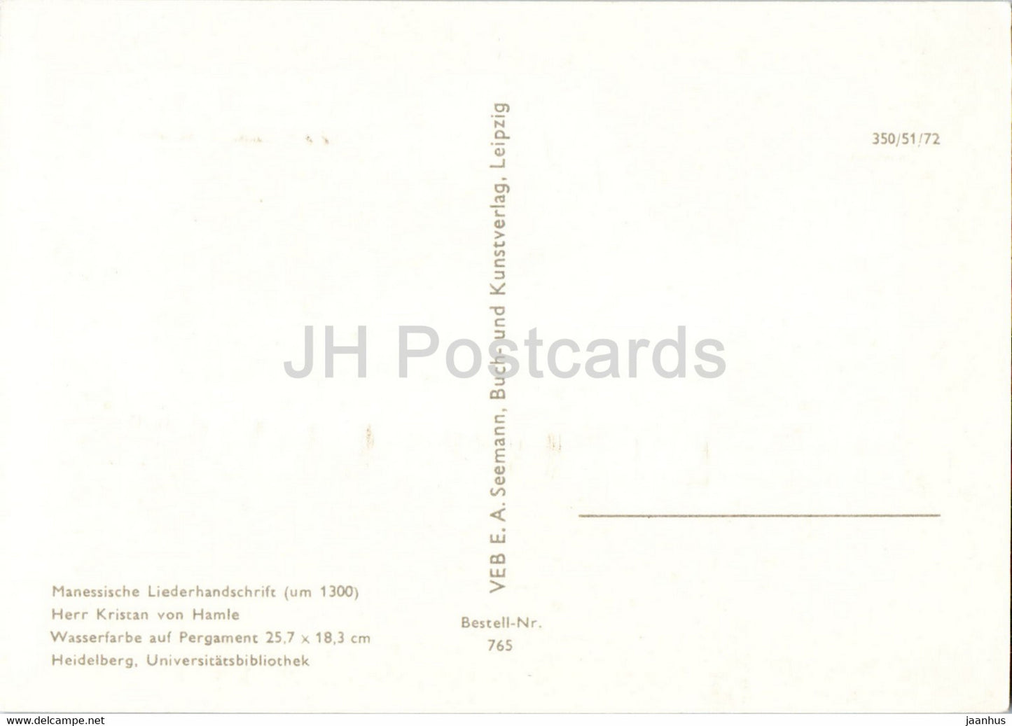 Manessische Liederhandschrift - Herr Kristan von Hamle - Heidelber Univarsitatsbibliothek - 1986 - Germany - unused