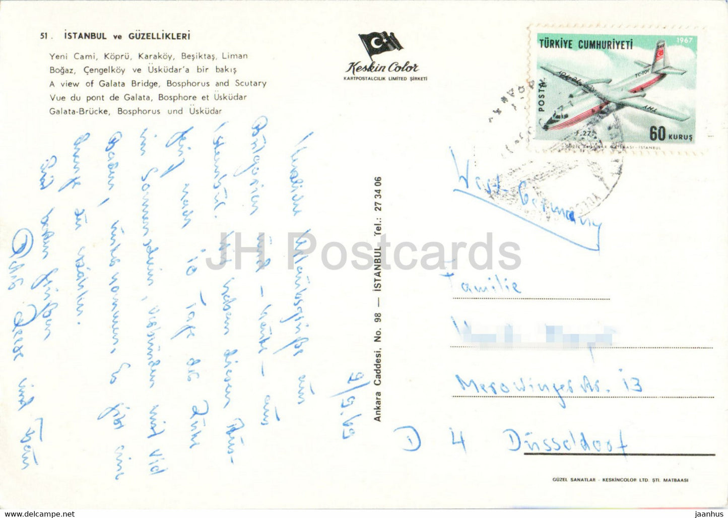 Istanbul - A view of the Galata bridge Bosphorus and Scutary - Keskin - 1969 - Turkey - used