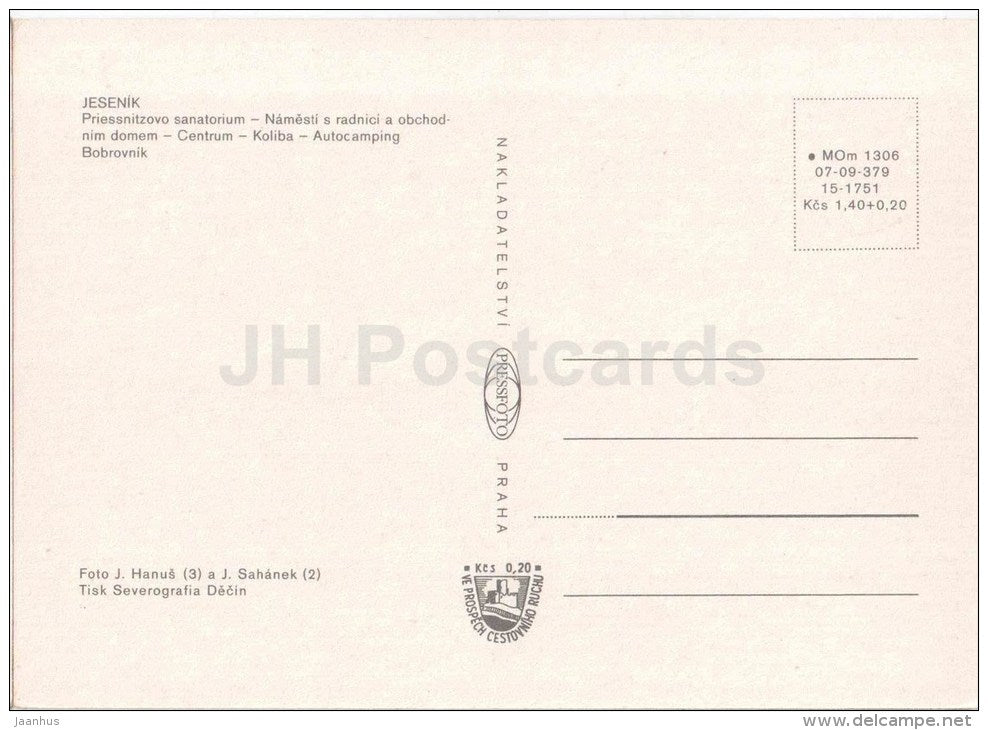 chalet - camping Bobrovnik - sanatorium - square - town hall - Jesenik - Czechoslovakia - Czech - unused - JH Postcards
