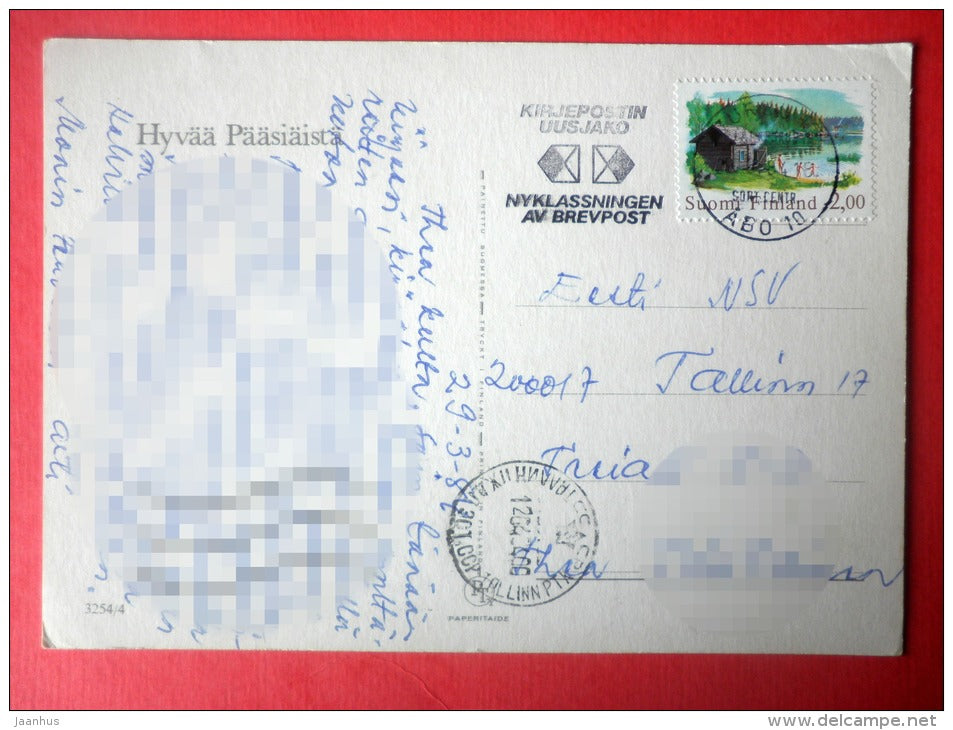 Easter Greeting Card by Jenny Nyström - baby girl - chick - eggs - 3254/4 - Finland - sent from Finland to Estonia 1984 - JH Postcards