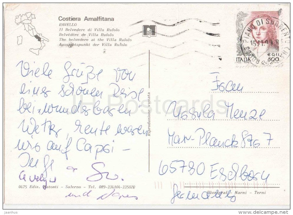 Ravello , Il Belvedere di Villa Rufolo - Costiera Amalfitana - 0475 - Italia - Italy - sent from Italy to Germany 1999 - JH Postcards