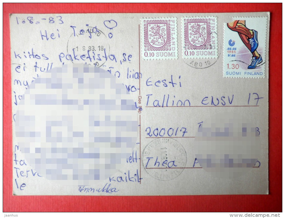 illustration - girl reading - teddy bear - sent from Finland Turku to Estonia USSR 1983 - JH Postcards