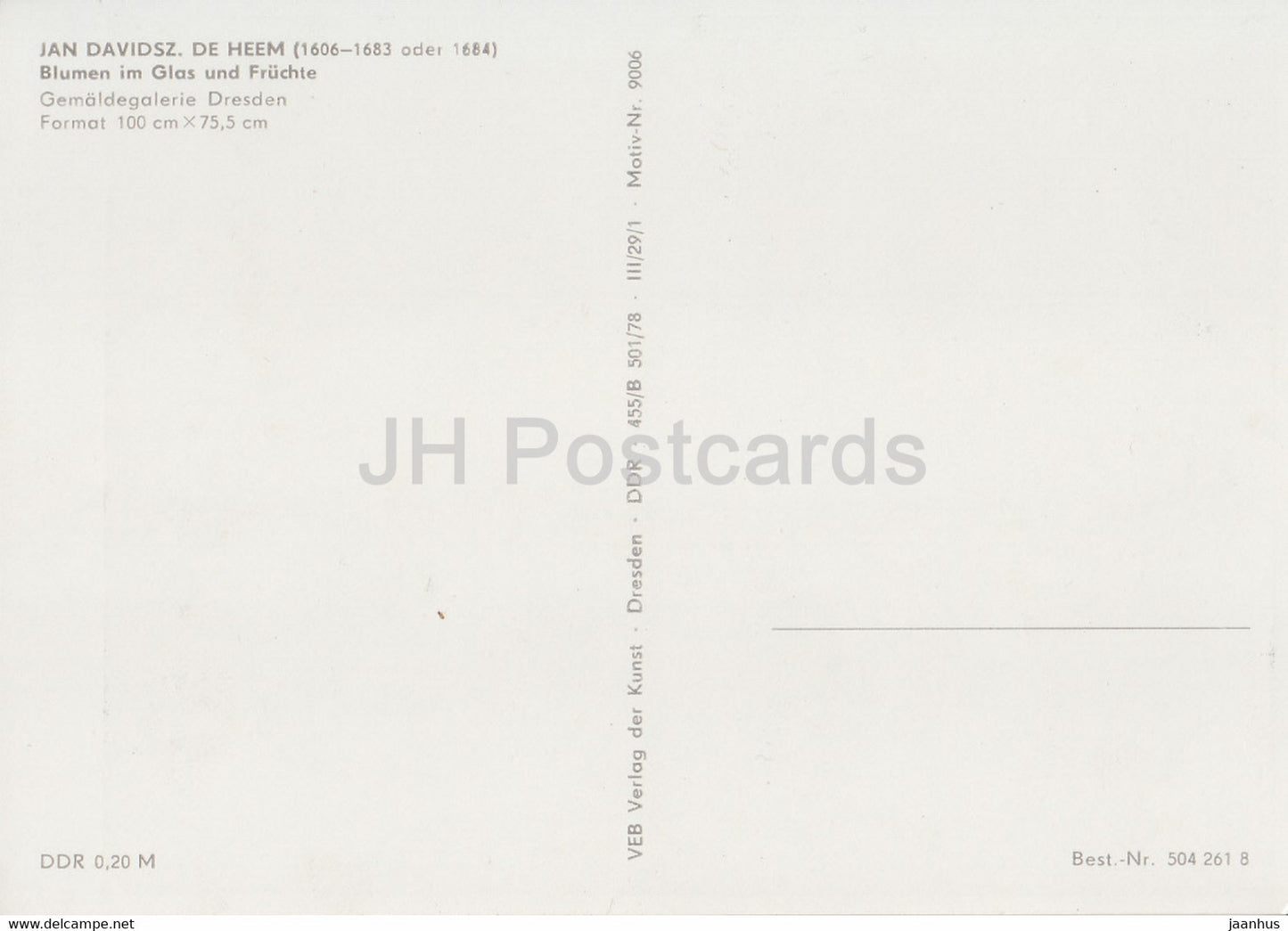 peinture de Jan Davidsz de Heem - Blumen im Glas und Fruchte - fleurs - art néerlandais - Allemagne DDR - inutilisé