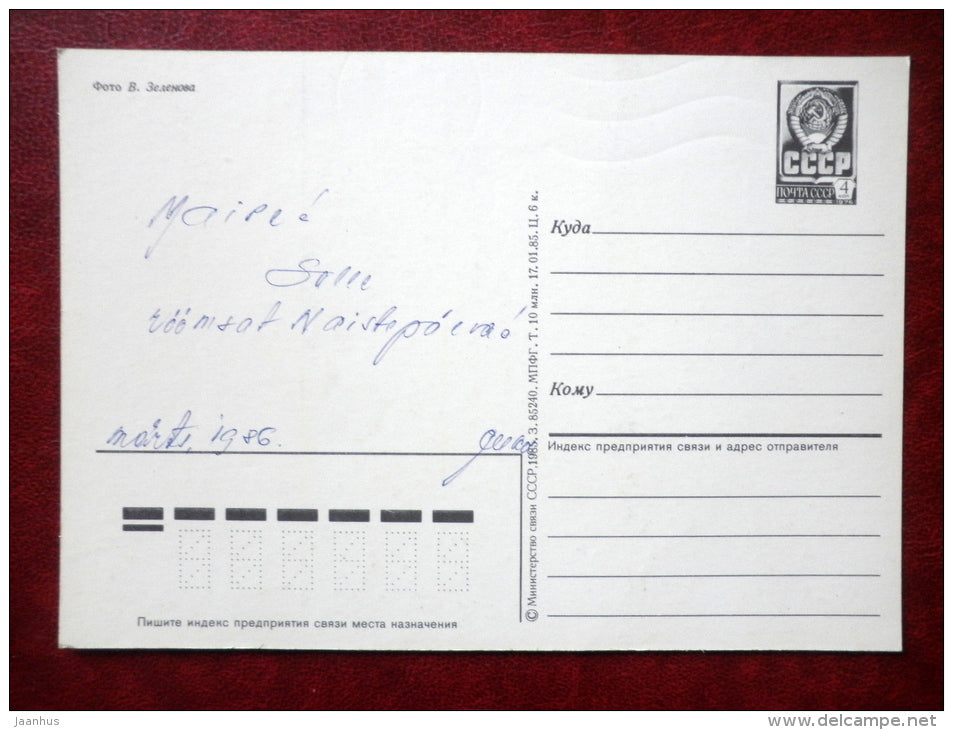 8 March Greeting Card - yellow narcissus - flowers - 1985 - Russia USSR - used - JH Postcards