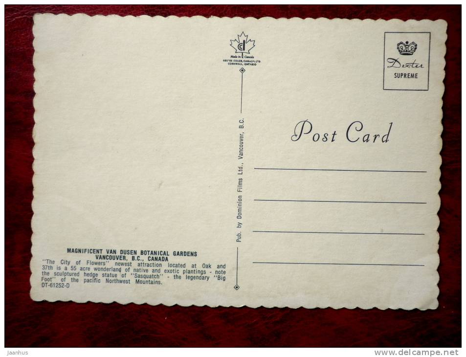 Van Dusen Botanical Gardens - Sasquatch - Bigfoot -Vancouver - British Columbia - Canada - unused - JH Postcards