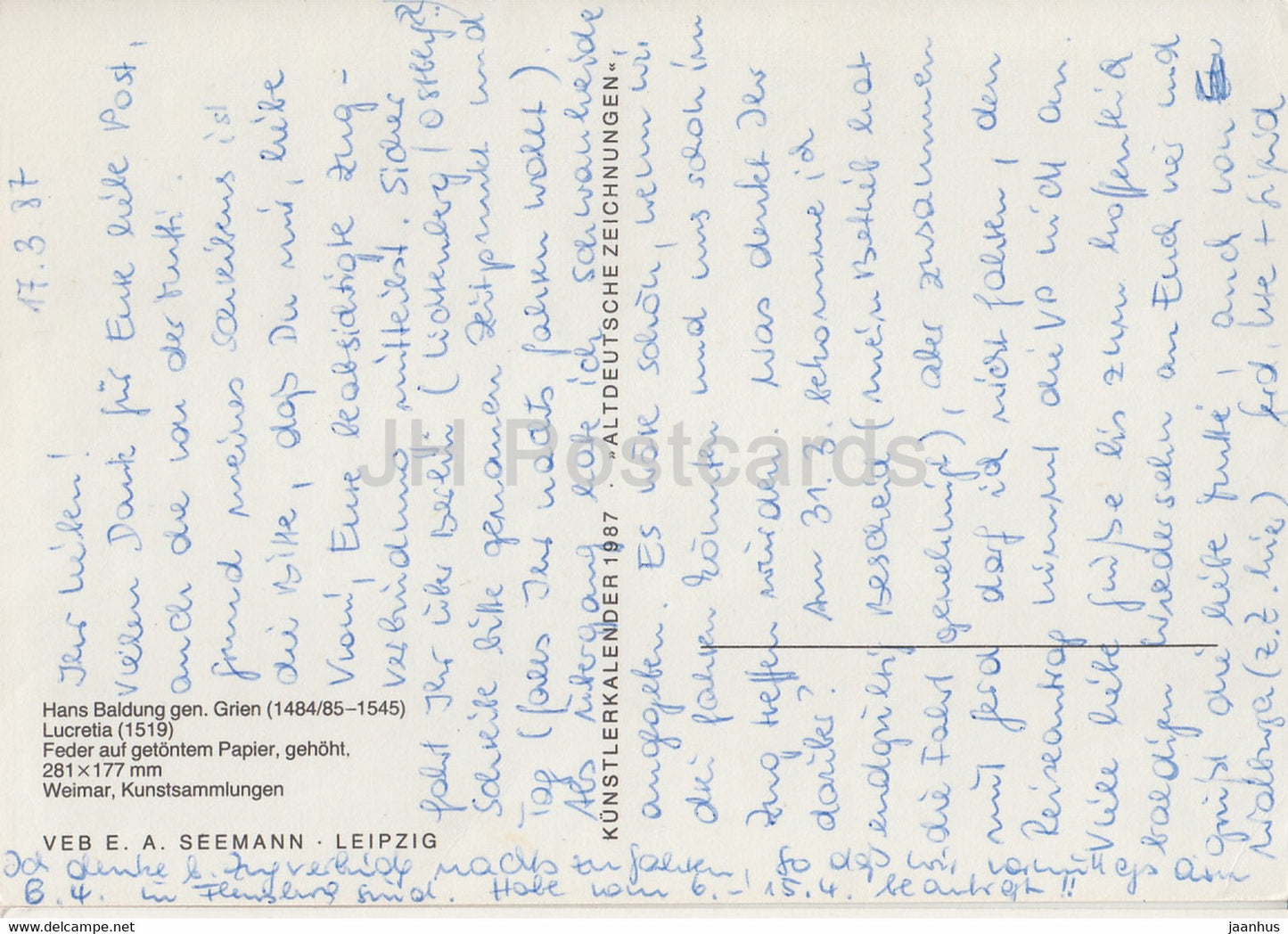 painting by Joseph Hans Baldung Grien - Lucretia - naked - nude - German art - 1987 - Germany - used