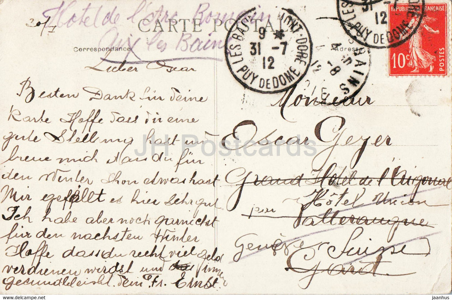 Le Mont Dore - Etablissement Thermal - Entrée du Bain de pieds des Dames - 3361 - carte postale ancienne - 1912 - France - occasion