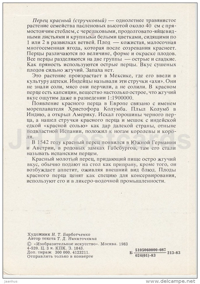 Red Pepper - Spice Plants - 1983 - Russia USSR - unused - JH Postcards
