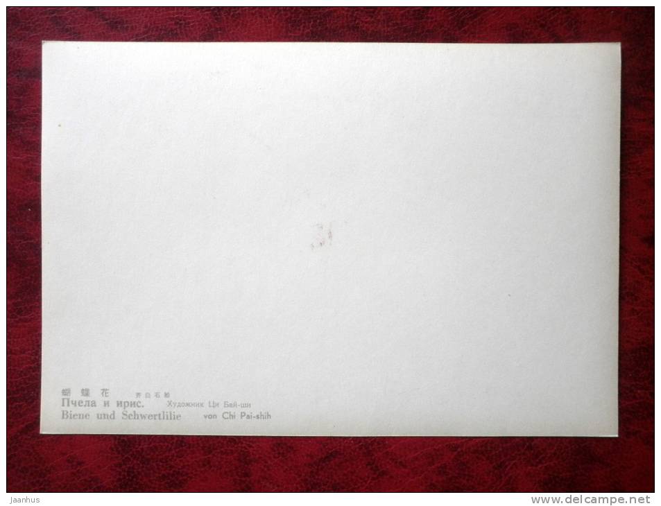 Chinese art - painting by Chi Pai Shih - bee and iris - flowers - printed on thin paper - Russia - USSR - unused - JH Postcards