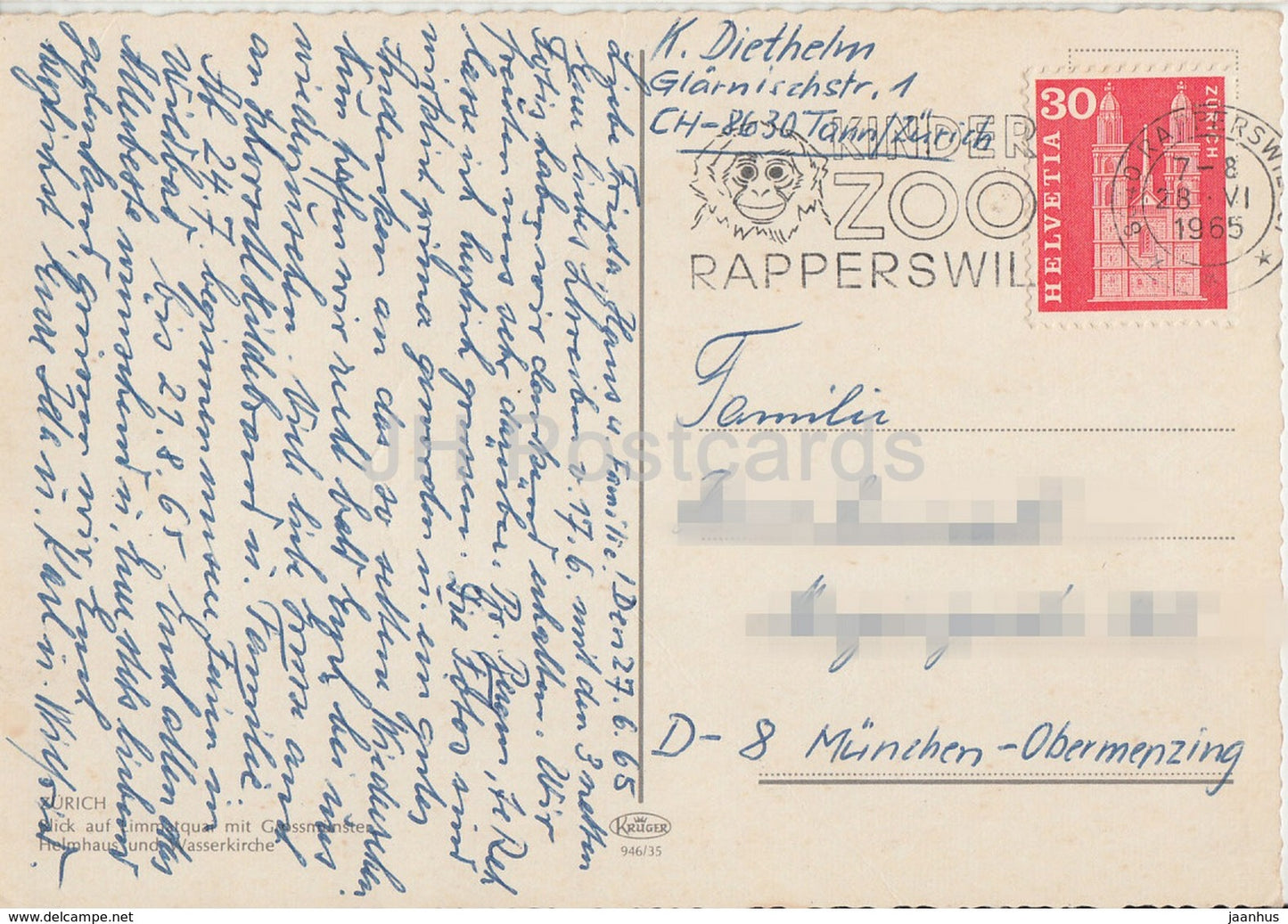 Zurich - Blick auf Limmatquai mit Grossmunster - cathedral - 1965 - Switzerland - used