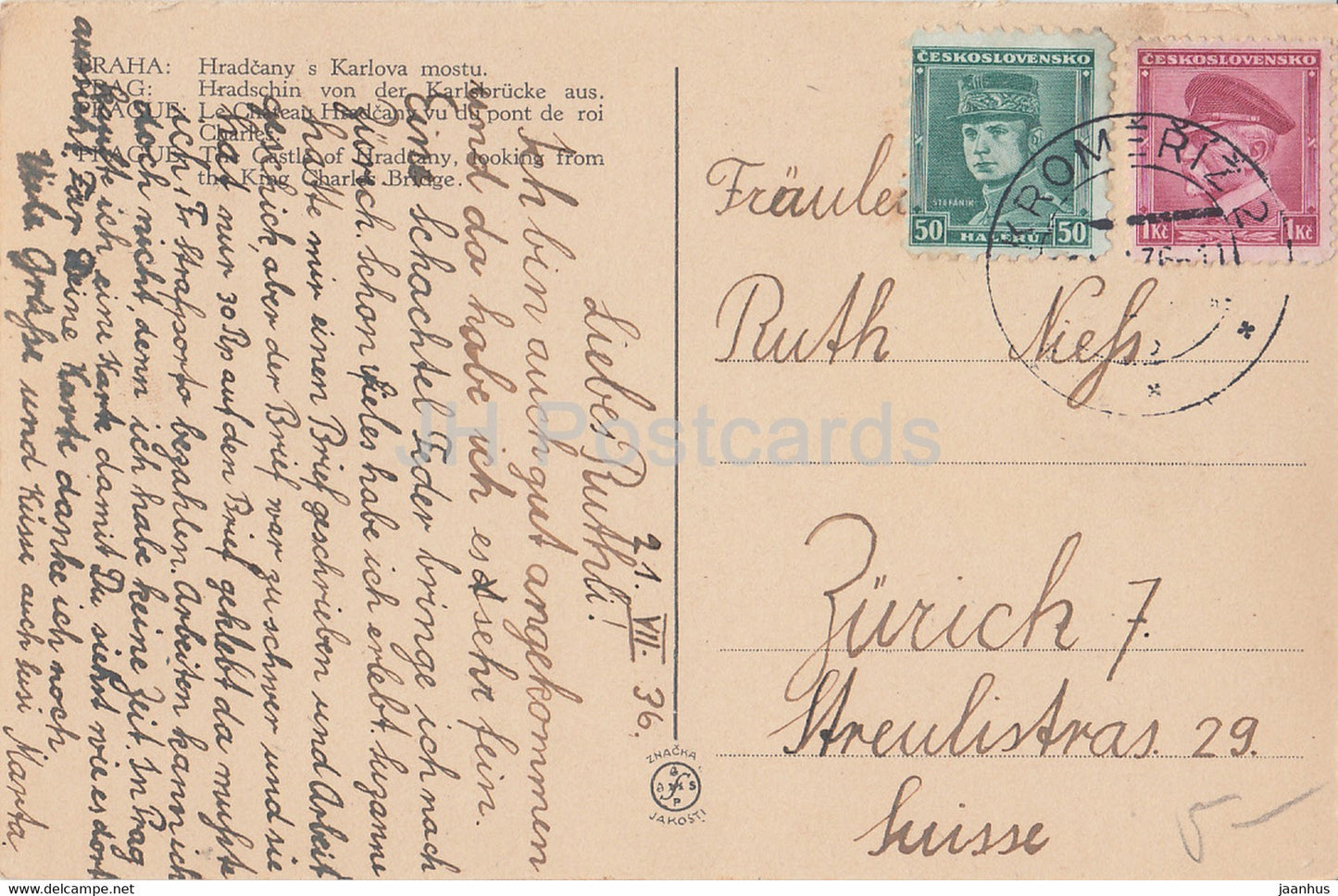 Praha - Prague - Hradcany s Karlova mostu - castle - bridge - 1936 - Czechoslovakia - Czech Republic - used