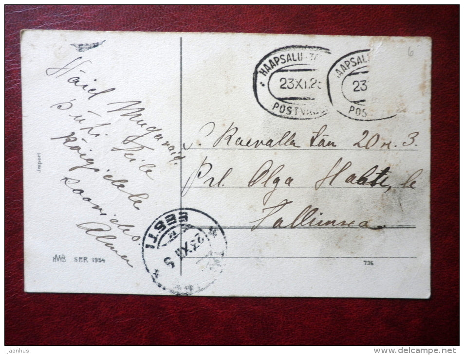 Christmas Greeting Card - bells - flowers - SER 1954 - circulated in Estonia 1920s , mail wagon Haapsalu-Tallinn - used - JH Postcards