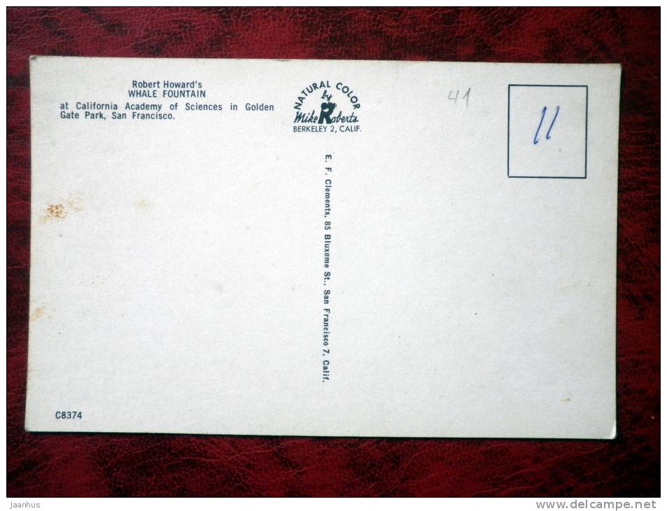 Robert Howard`s Whale Fountain - San Francisco - California - USA - unused (number written) - JH Postcards