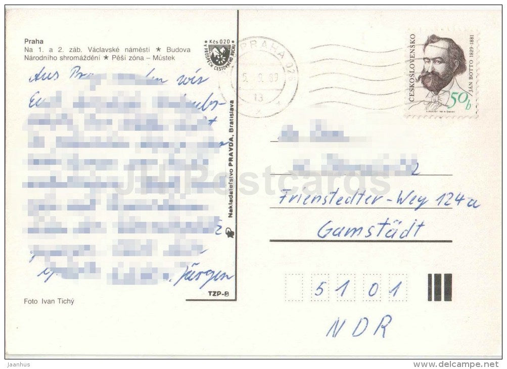 Praha - Prague - Vaclav square - National Assembly Building - Pedestrian zone Mustek Czechoslovakia - Czech - used 1989 - JH Postcards