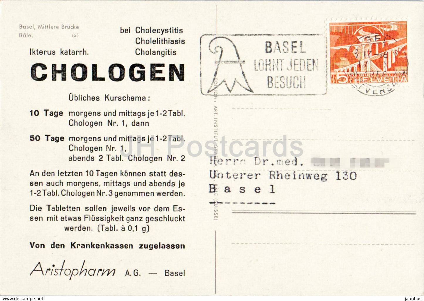 Basel - Basle - Mittlere Brucke - bridge - tram - old postcard - Switzerland - unused