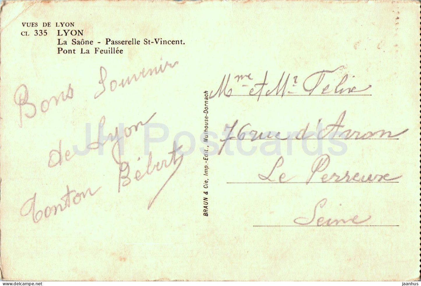Lyon - La Saône - Passerelle St Vincent - Pont La Feuillee - 335 - carte postale ancienne - France - occasion