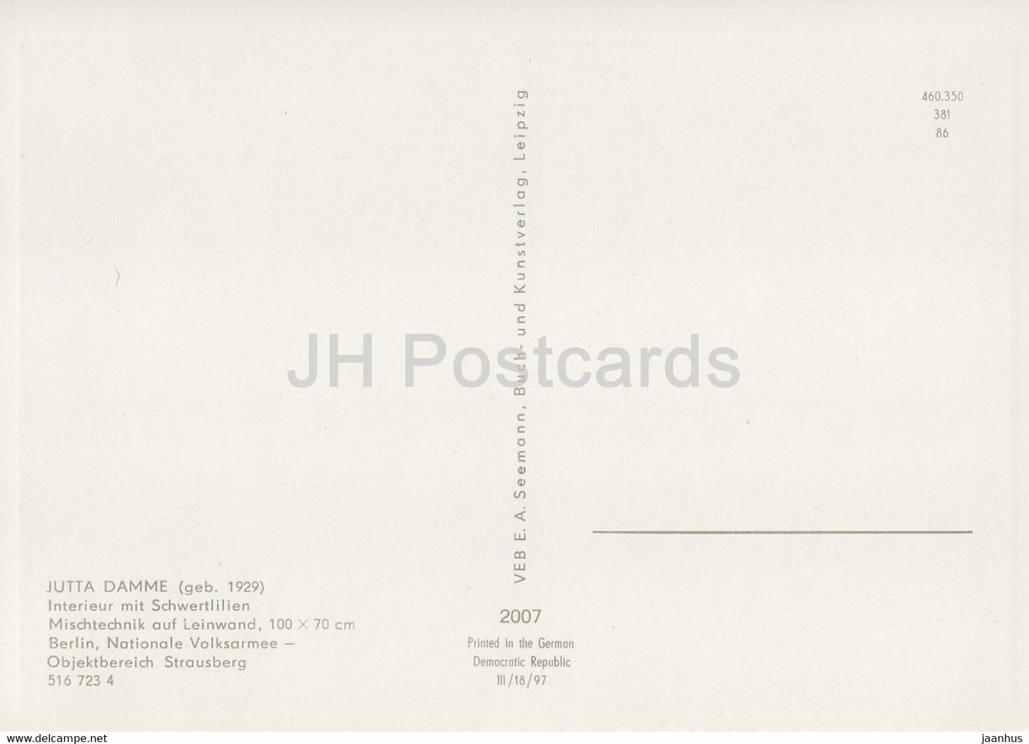 painting by Jutta Damme - Interieur mit Scwertlilien - Iris - flowers - German art - Germany DDR - unused