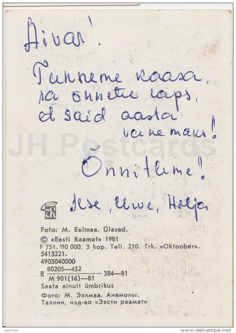 mini Birthday greeting card - anemone - flowers - 1981 - Estonia USSR - unused - JH Postcards