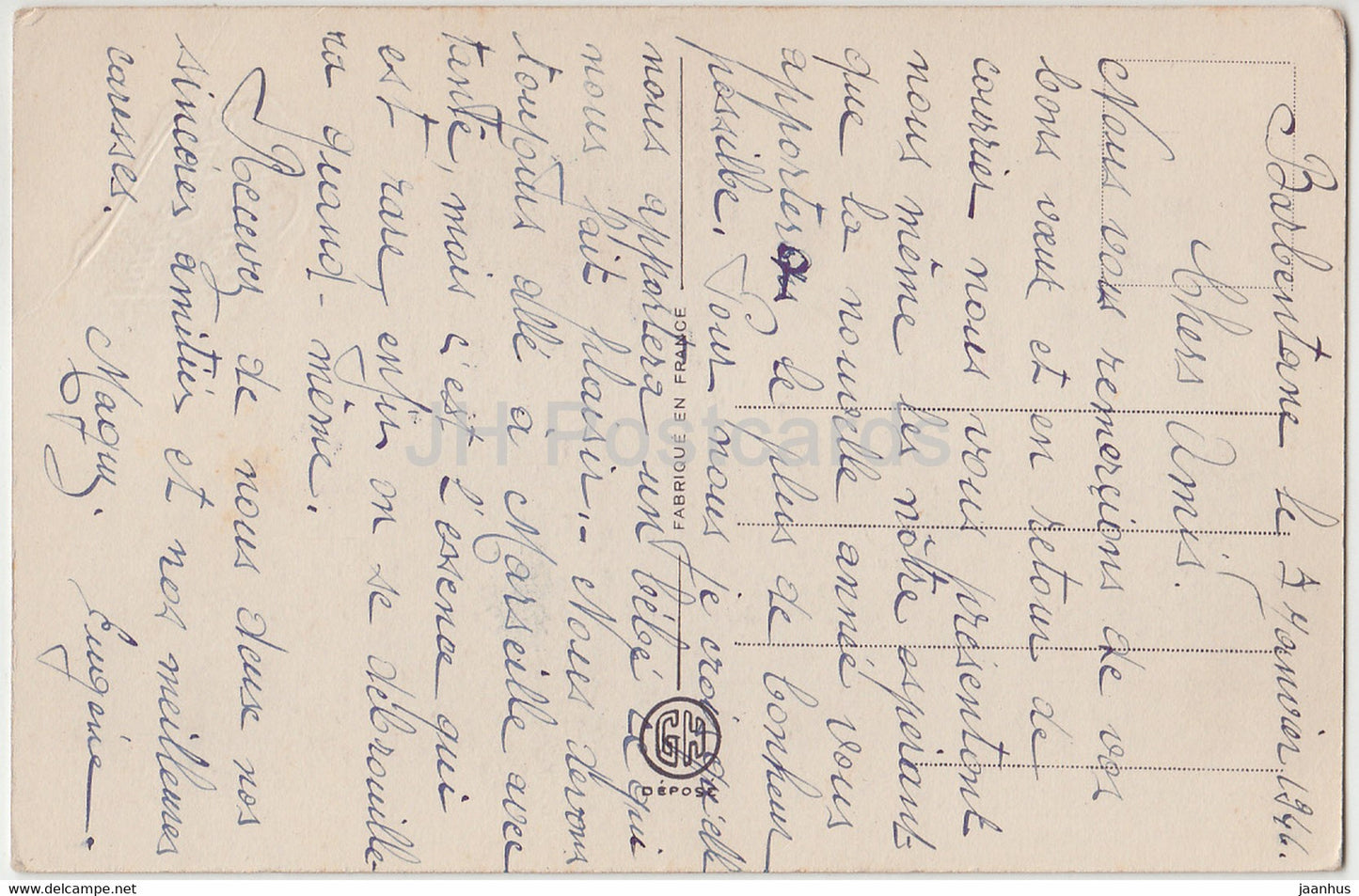 Birthday Greeting Card - blue flowers - horseshoe - illustration - old postcard - 1946 - France - used