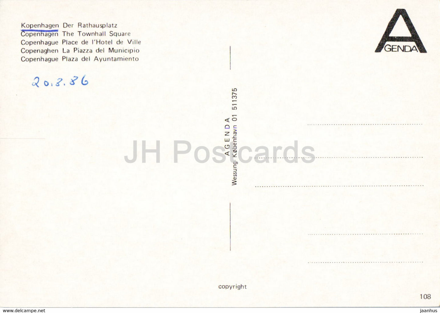 Copenhague - Place de la mairie - 108 - 1986 - Danemark - utilisé