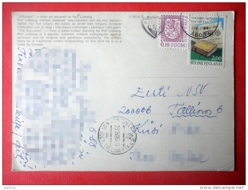 illustration by Rolf Lidberg - The Excursion - family - Sweden - sent from Finland to Estonia USSR 1985 - JH Postcards