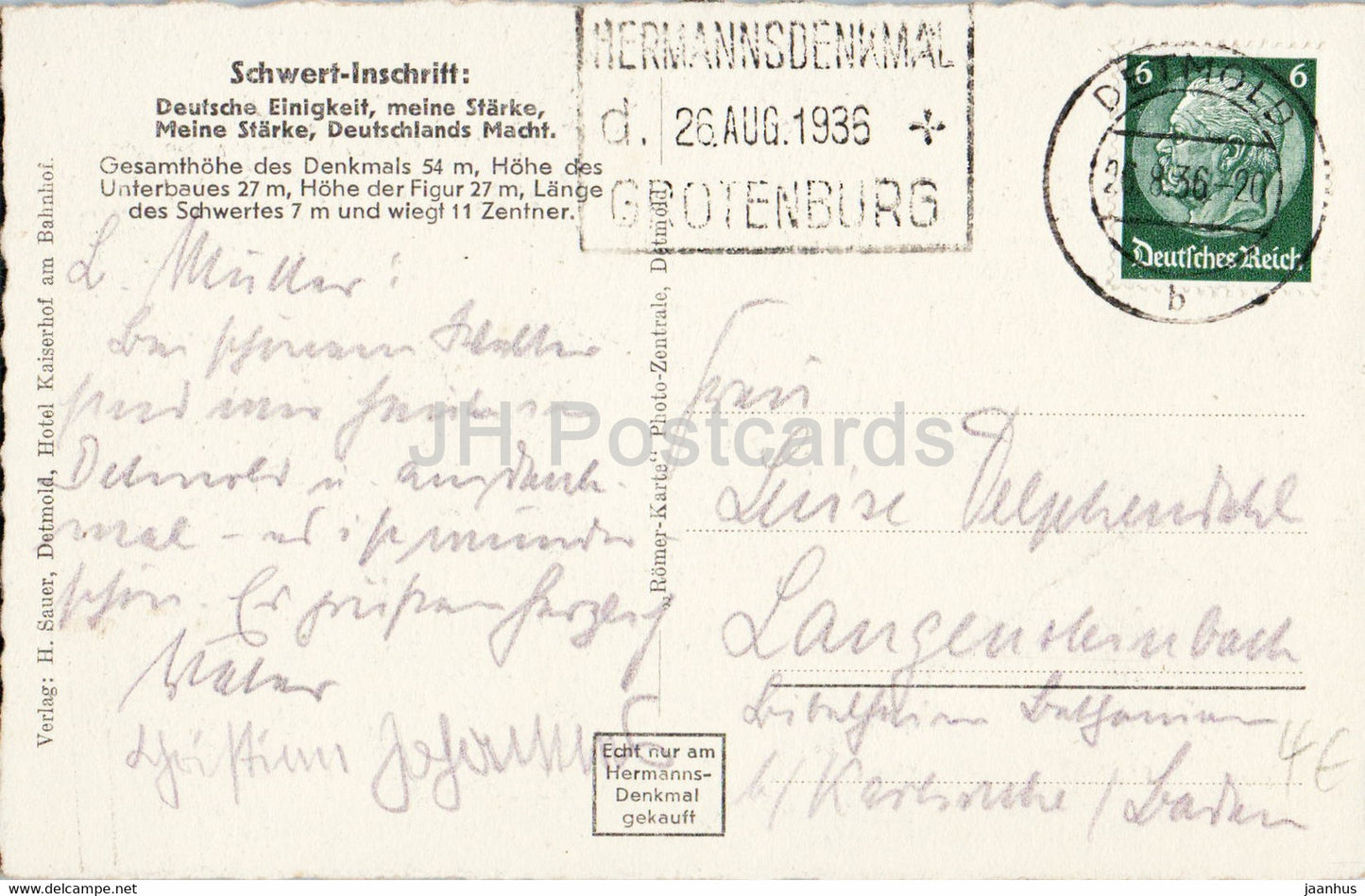 Hermannsdenkmal im Teutoburger Wald - monument - 1936 - carte postale ancienne - Allemagne - utilisé