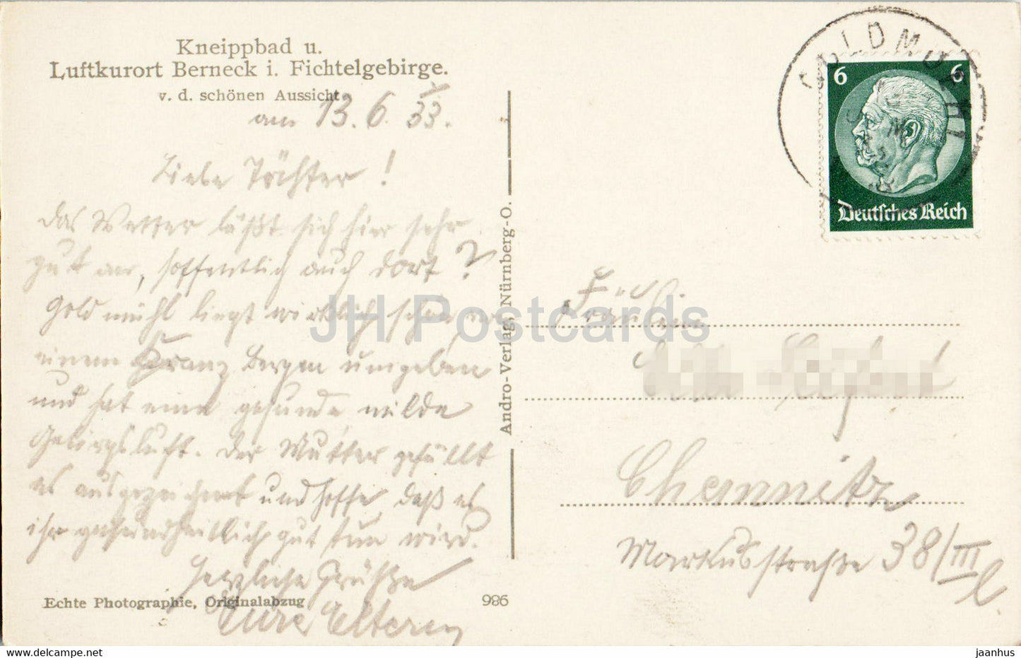 Kneippbad u Luftkurort Berneck i Fichtelgebirge - v d schonen Aussicht - old postcard - 1933 - Germany - used