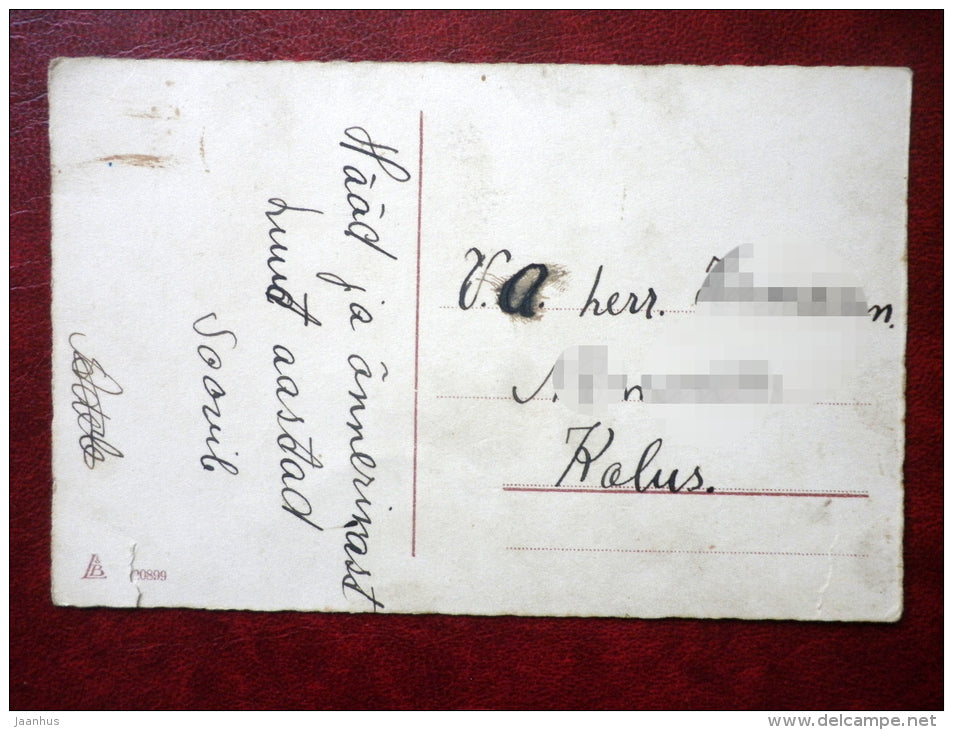 New Year Greeting Card - boy skiing - christmas tree - L&B 20899 - 1920s-1930s - Estonia - used - JH Postcards