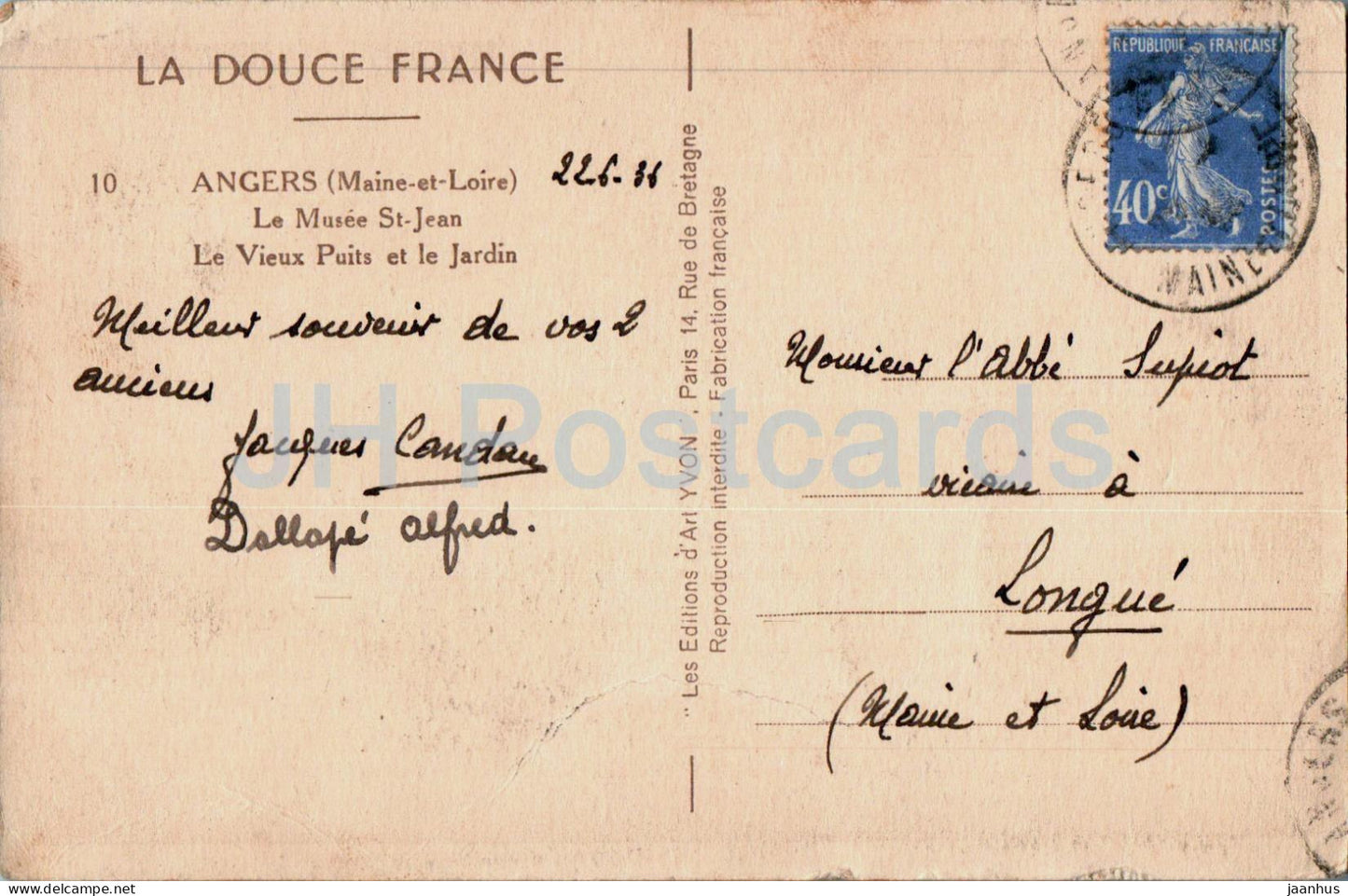 Angers - Le Musee St Jean - Le Vieux Puits et le Jardin - La Douce France - 10 - old postcard - 1938 - France - used
