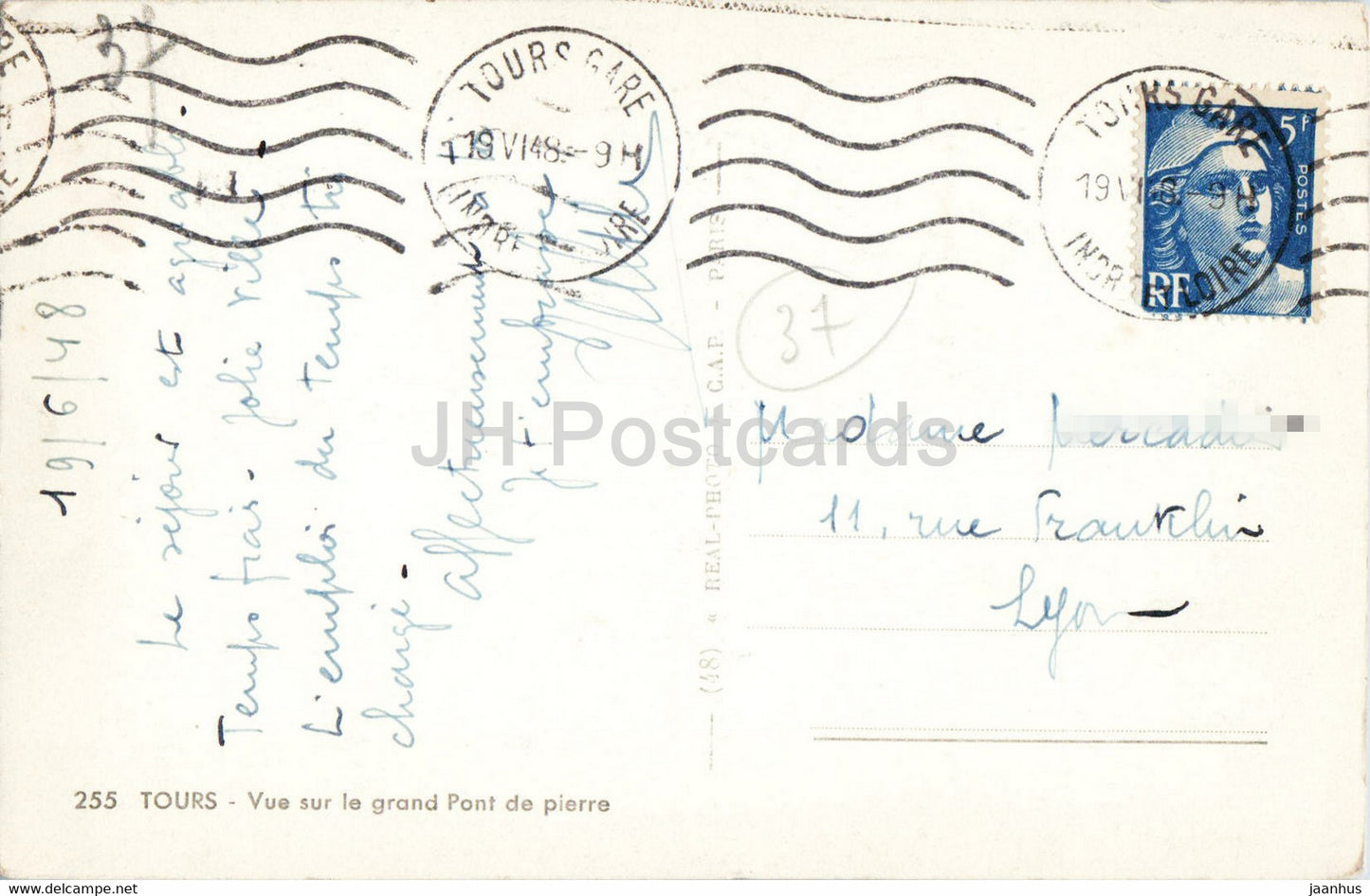 Tours - Vue sur le grand Pont de pierre - 255 - bridge - old postcard - 1948 - France - used