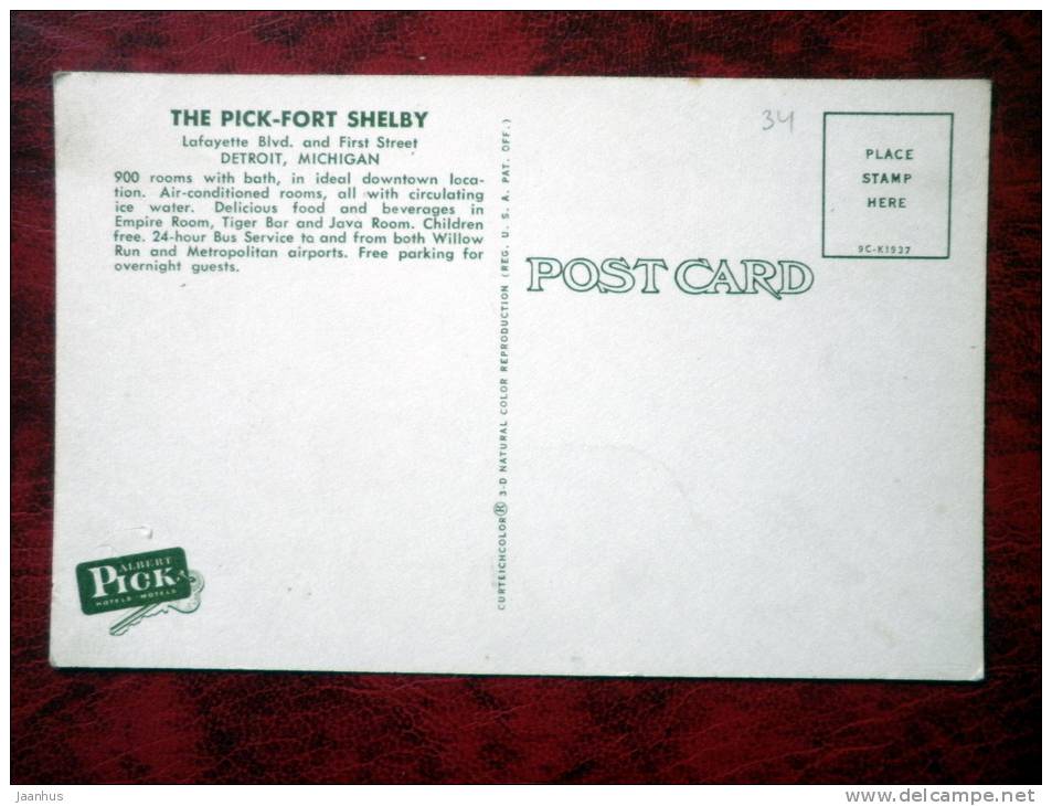 The Pick-Fort Shelby - Lafayette Bvld and First street- Detroit - Michigan - USA - unused (number written) - JH Postcards