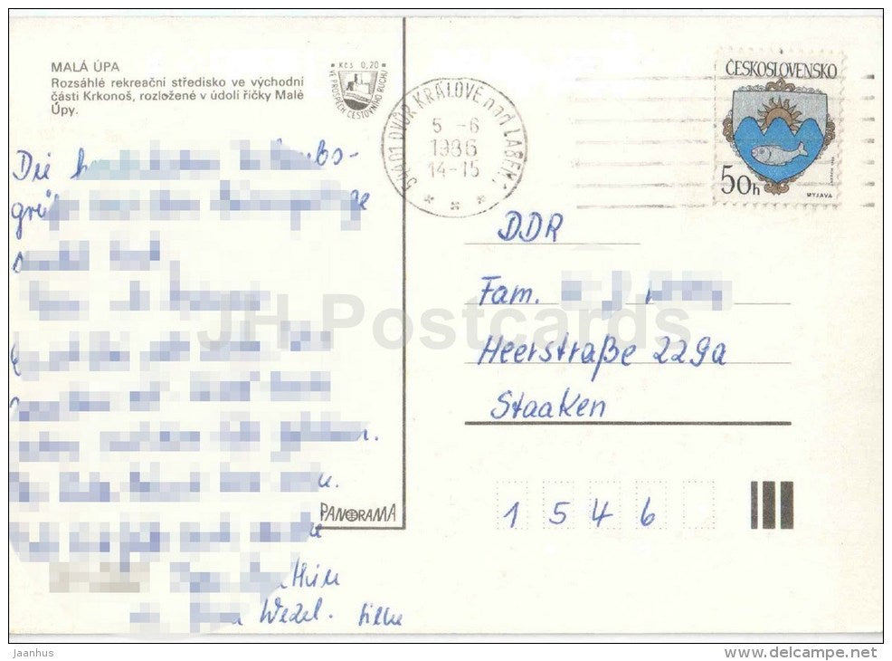Mala Upa - town views - bus - Czechoslovakia - Czech - used 1986 - JH Postcards