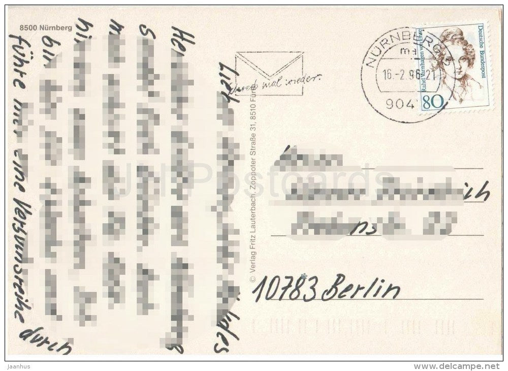 Nürnberg - Schöner Brunnen - Burg - Henkersteg - Hauptmarkt - Dürer-Haus - 8500 - Germany - 1996 gelaufen - JH Postcards