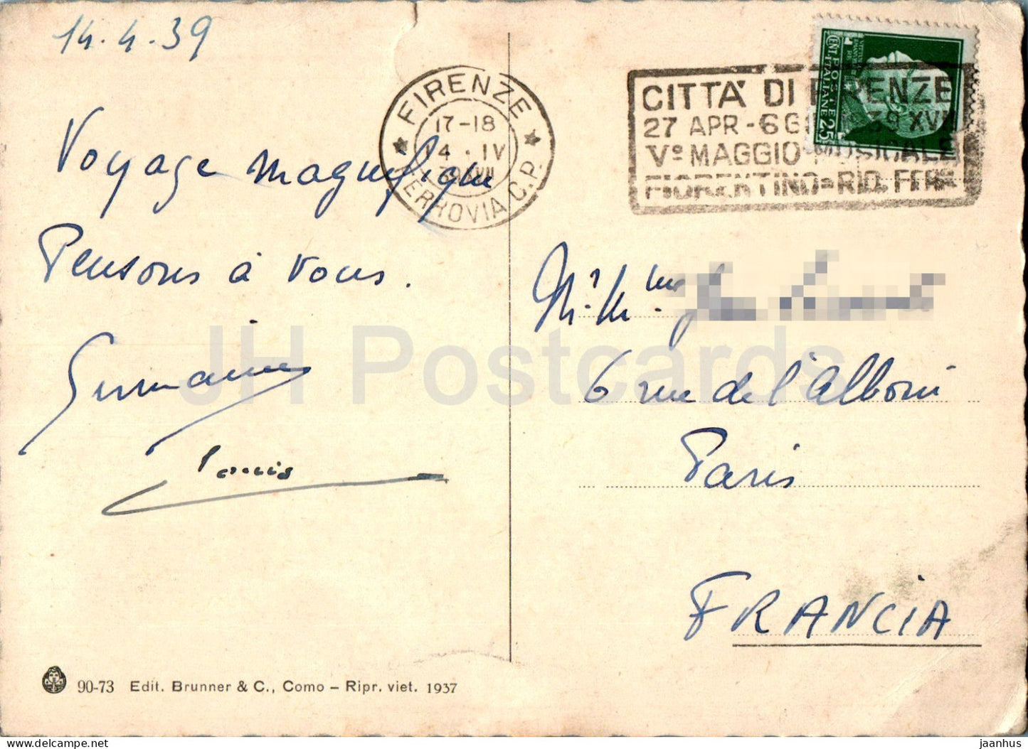 Firenze - Florence - L'Arno e veduta dei Ponti - rivière - pont - 90-73 - carte postale ancienne - 1939 - Italie - utilisé