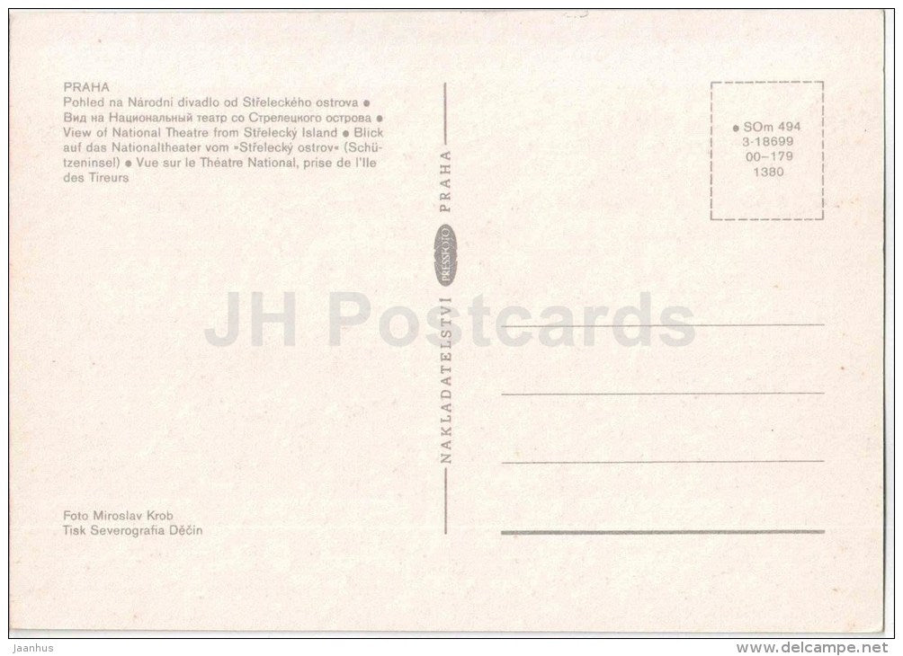 Praha - Prague - View of National Theatre from Strelecky Island - Czechoslovakia - Czech - unused - JH Postcards