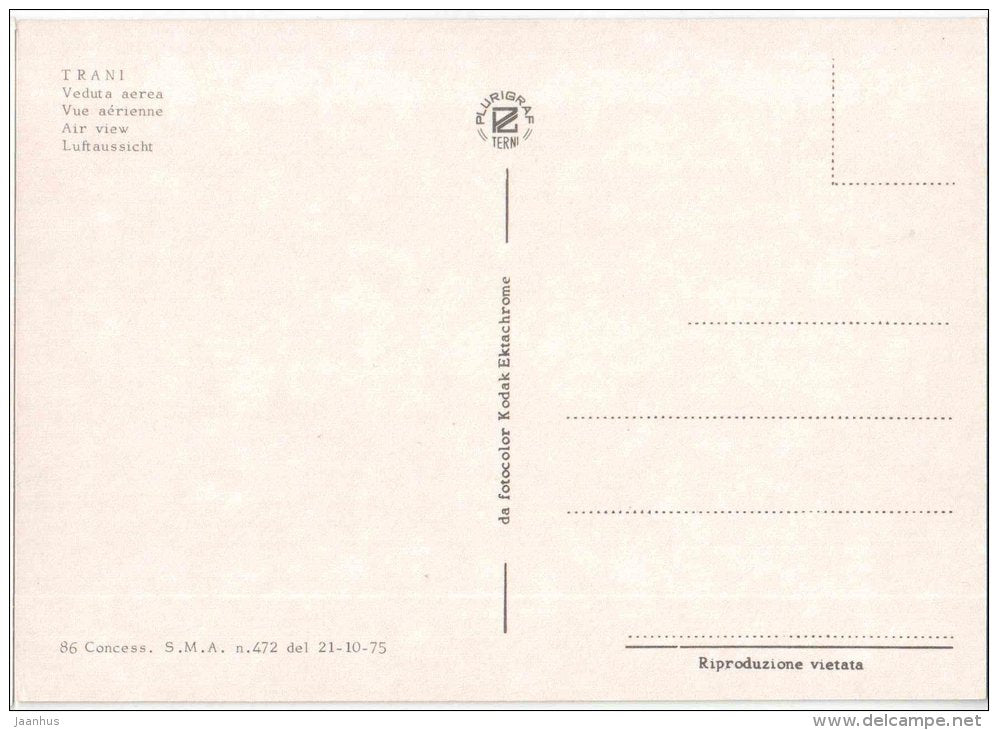 Veduta Aerea - Aerial View - sea - Trani - Puglia - column - 86 - Italia - Italy - unused - JH Postcards