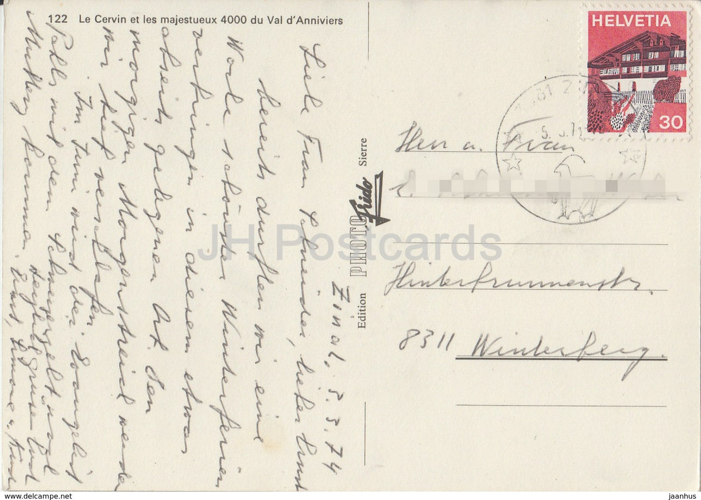 Le Cervin et les majestueux 4000 du Val d'Anniviers - 122 - 1974 - Switzerland - used