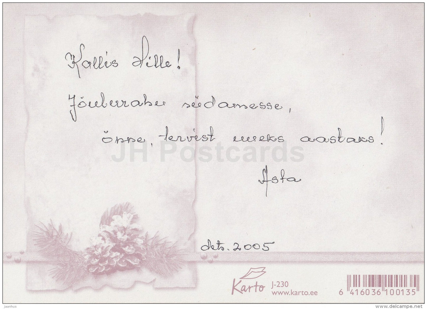 Christmas Greeting Card - lyrics - pine cones - Estonia - used in 2005 - JH Postcards