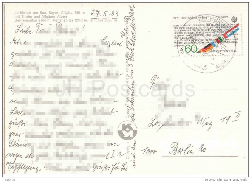 Lechbruck am See , Allgäu mit Tiroler und Allgäuer Alpen - Gehrenspitze , Kellenspitze - Germany - 1983 gelaufen - JH Postcards