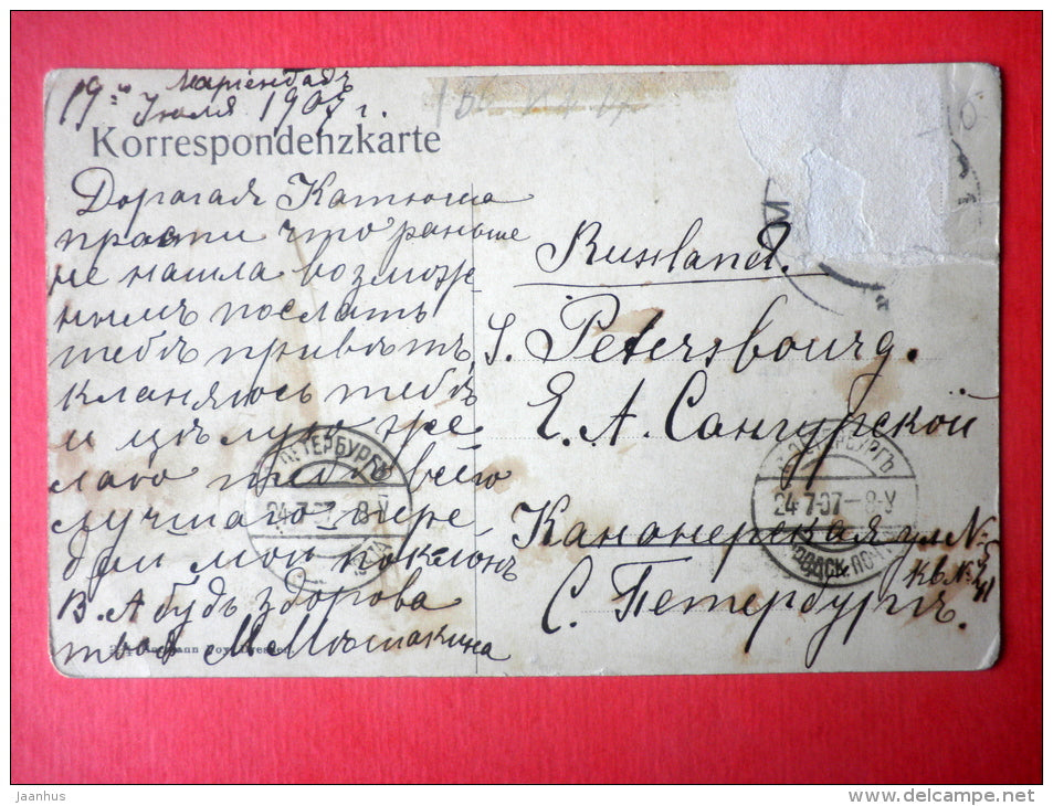 Cafe Egerländer - Marienbad - Marianske Lazne - Czech - sent from Czech to St Petersburg Imperial Russia 1907 - JH Postcards