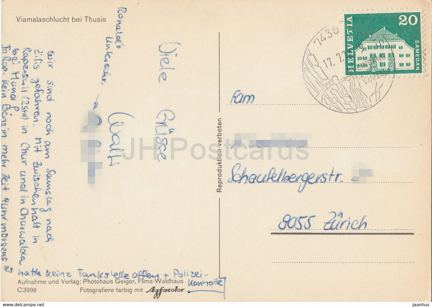 Viamalaschlucht bei Being - 1972 - Suisse - d'occasion