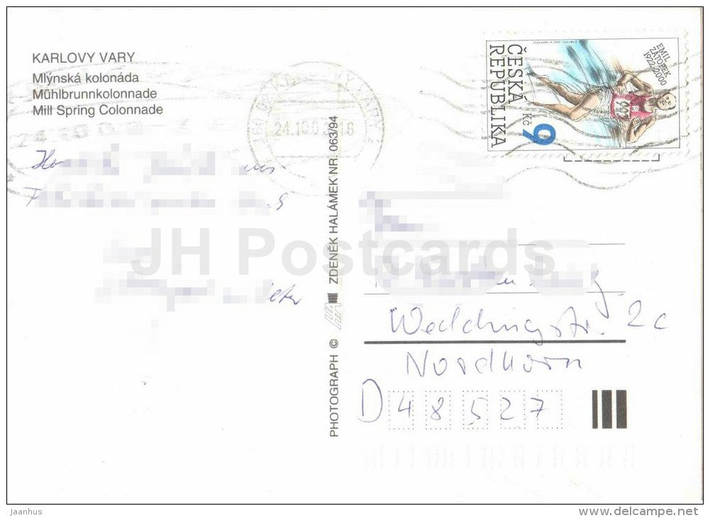 Mill Spring Colonnade - Karlovy Vary - Karlsbad - Emil Zatopek stamp - Czech - used 2003 - JH Postcards